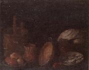 unknow artist Still life of apples and herring in bowls,a beaten copper jar,a pan and other kitchen implements oil painting artist